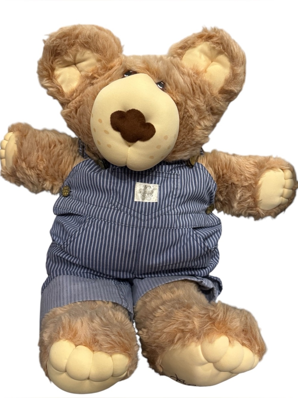 Furskins Plush Brown Bear in Blue Striped Overalls - Collectible 22-23” Size